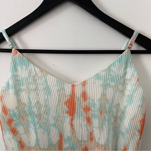 She + Sky Blue Orange Watercolor Pleated Spagetti Strap Tank Top Blouse - Picture 9 of 9